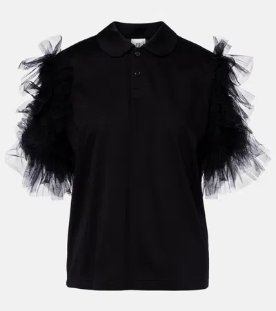 Noir Kei Ninomiya Tulle-trimmed Cotton Polo Shirt In Black