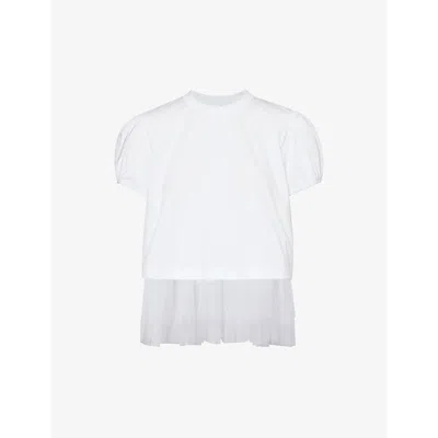 Noir Kei Ninomiya Womens White Ruffle-trims Short-sleeve Cotton-jersey T-shirt
