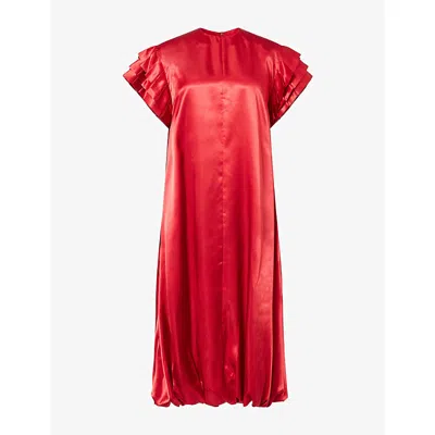 Noir Kei Ninomiya Womens Balloon-hem Ruffle Satin Midi Dress Red Xs