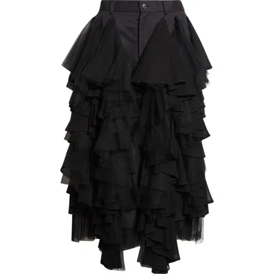 Noir Kei Ninomiya Wool Gabardine Skirt With Tulle Ruffles In Black