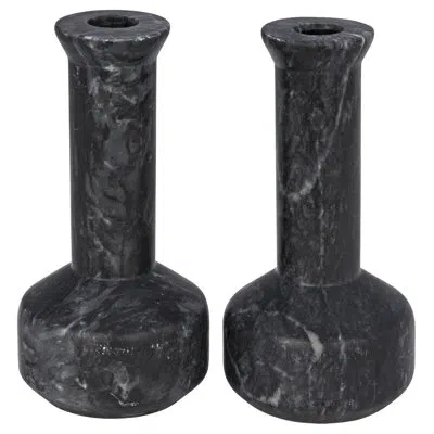 Noir Milos 2 Pieces Marble Candlestick Set In Black