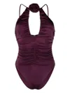 Noire Swimwear Floral-appliqué Ruched Swimsuit In Purple
