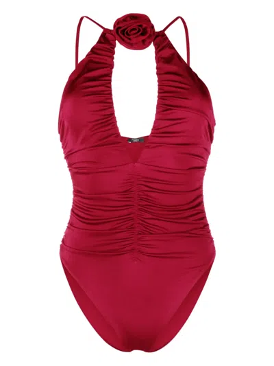 Noire Swimwear Floral-appliqué Ruched Swimsuit In Red