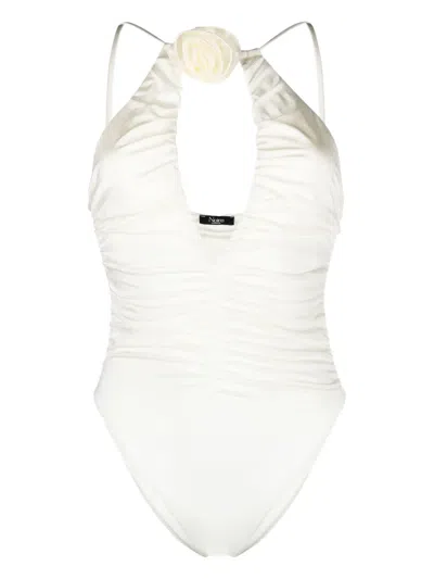 Noire Swimwear Floral-appliqué Ruched Swimsuit In White
