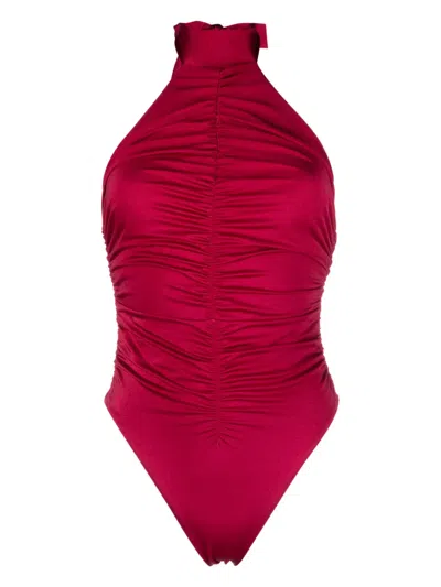 Noire Swimwear Halterneck Ruched Swimsuit In Red
