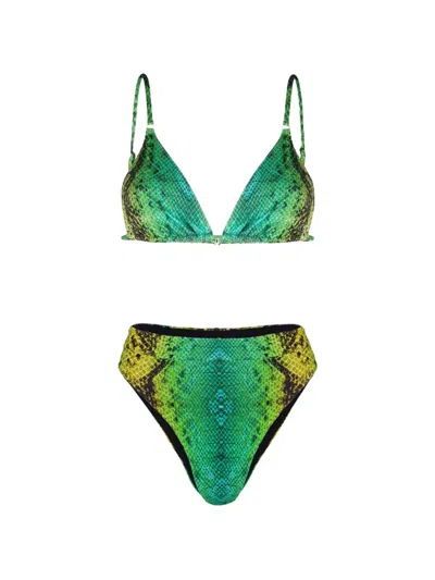 Noire Swimwear High-waist Snake-print Bikini Set In Green
