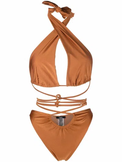 Noire Swimwear Lattice-strap Halterneck Swimsuit In Neutrals