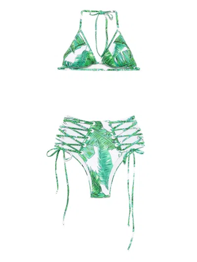 Noire Swimwear Leaf-print Bikini In Green