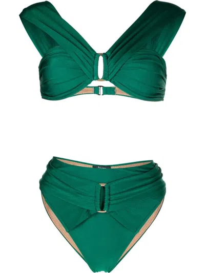 Noire Swimwear Ruched-detail Off-shoulder Bikini In Grün