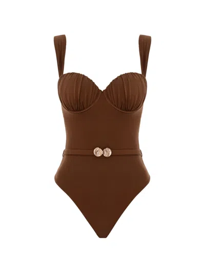 Noire Swimwear Seashell-belt Swimsuit In Brown