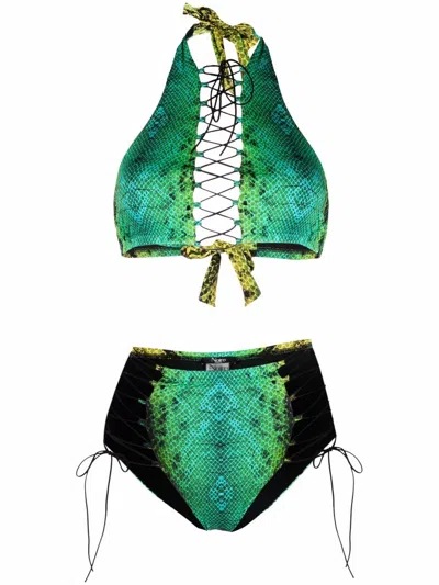 Noire Swimwear Snakeskin-print Lattice-strap Bikini Set In Green