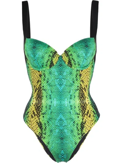Noire Swimwear Snakeskin-print Underwired Swimsuit In Green