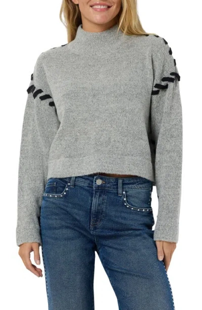 Noisy May Donna Whipstitch Mock Neck Crop Sweater In Medium Grey Melange