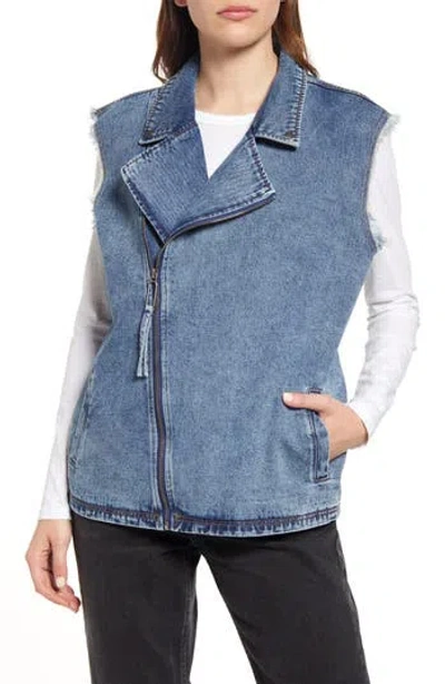 Noisy May Donny Denim Biker Vest In Medium Blue Denim