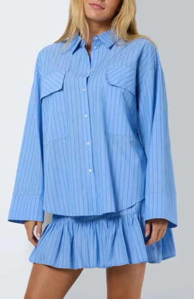 Noisy May Freja Stripe Cotton Button-up Shirt In Cashmere Blue Stripe