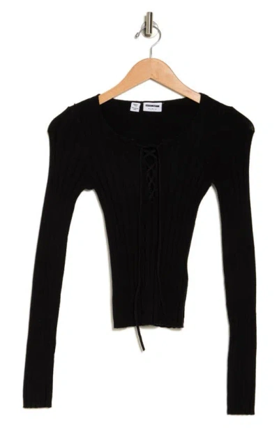 Noisy May Freya Lace-up String Long Sleeve Knit Top In Black