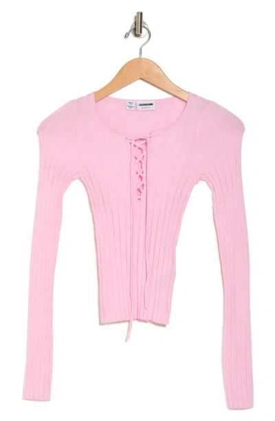 Noisy May Freya Lace-up String Long Sleeve Knit Top In Pink