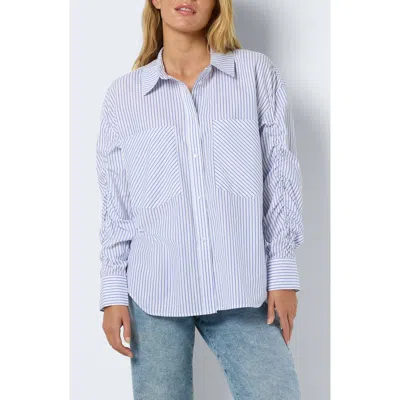 Noisy May Jada Stripe Cotton Blend Button-up Shirt In Bright White Stripes