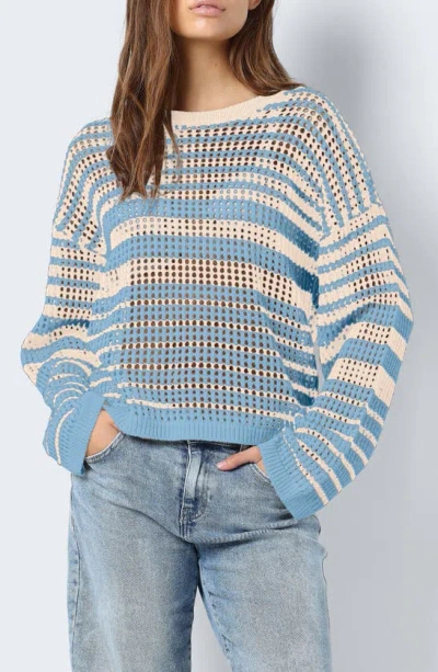 Noisy May Jola Open Knit Sweater In Cerulean Stripeseggnog