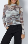 Noisy May Judith Ruched Mesh Top In Ghost Gray Aop Deser