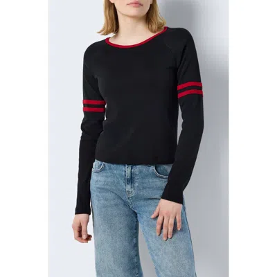 Noisy May Kimana Stripe Raglan Sleeve Organic Cotton Top In Black Detail Red