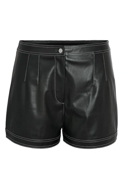 Noisy May Kimberly Faux Leather Shorts In Black Detailcontrast Stitch