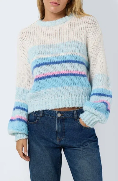 Noisy May Leisa Stripe Crewneck Sweater In Sky Blue Stripes Melange