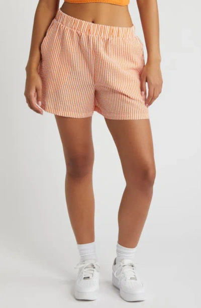 Noisy May Luna High Waist Seersucker Shorts In Tangerine Stripeswhite