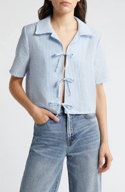 Noisy May Luna Tie Front Crop Shirt In Bright White Stripesallure