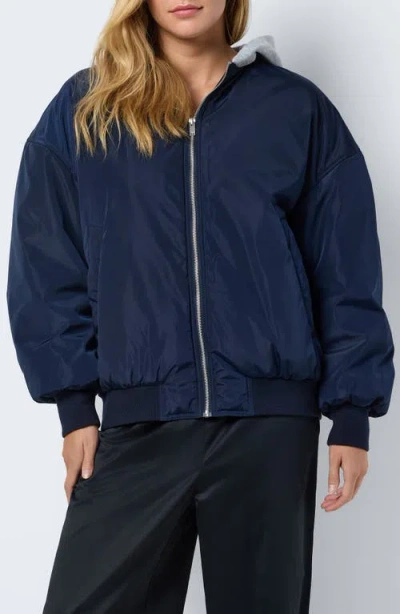 Noisy May Miley Water Repellent Hooded Bomber Jacket In Navy Blazer