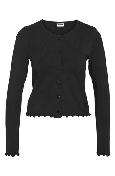 Noisy May Molly Lettuce Edge Button Front Stretch Organic Cotton Top In Black