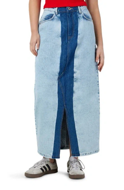 Noisy May Rinna Colourblock Front Slit Denim Midi Skirt In Medium Blu Denim Colourblck