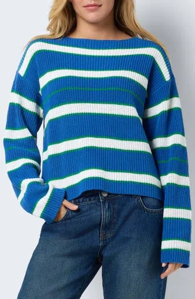Noisy May Serena Stripe Boat Neck Sweater In Dutch Blue Stripes I