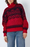 Noisy May Share Fair Isle Turtleneck Sweater In Racing Redpatternblack