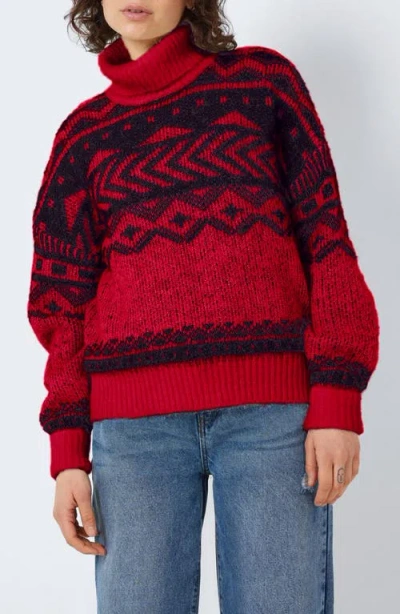 Noisy May Share Fair Isle Turtleneck Sweater In Racing Redpatternblack