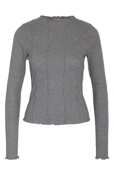 Noisy May Stine Long Sleeve Lettuce Edge Crop Top In Medium Grey Melange