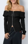 Noisy May Stormy Off-the-shoulder Two Way Zip Long Sleeve Sweater In Black