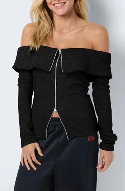 Noisy May Stormy Off-the-shoulder Two Way Zip Long Sleeve Sweater In Black