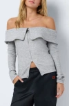 Noisy May Stormy Off-the-shoulder Two Way Zip Long Sleeve Sweater In Light Grey Melange