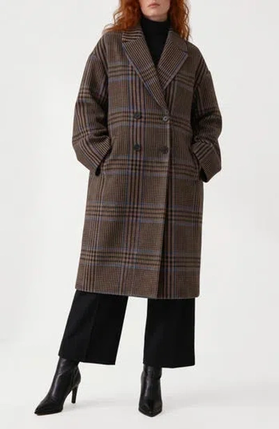 Noize Anita Double Breasted Plaid Coat In Brown