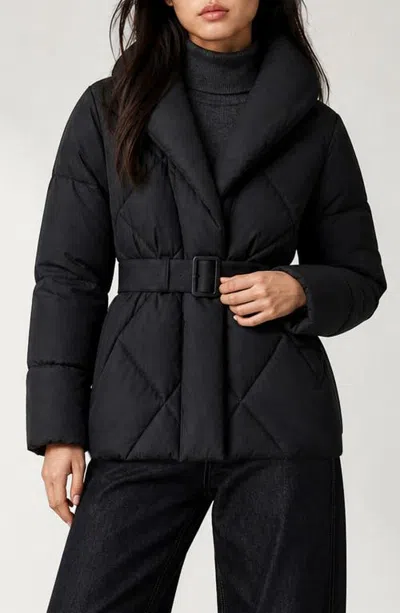 Noize Becky Belted Shawl Collar Puffer Jacket In Black
