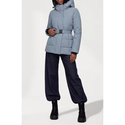 Noize Blanca Hooded Belted Puffer Coat In Blue Haze