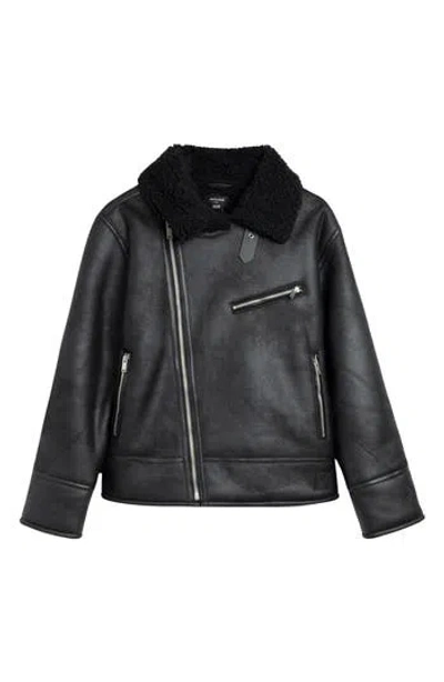 Noize Dwayne Faux Shearling Collar Faux Leather Moto Jacket In Black