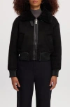 Noize Fannie Faux Fur Collar Faux Suede & Faux Leather Crop Bomber Jacket In Black