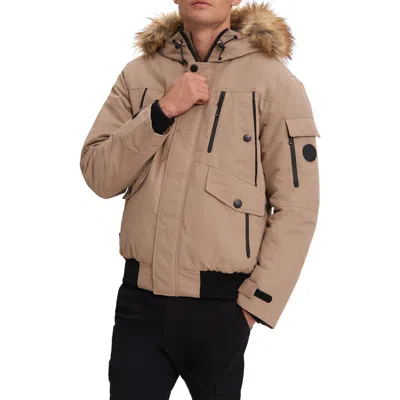 Noize Faux Fur Hooded Bomber Jacket In Sand