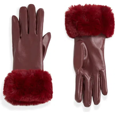 Noize Faux Fur Trim Faux Leather Tech Gloves In Wine