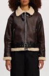 Noize Faux Shearling Trim Faux Leather Jacket In Brown