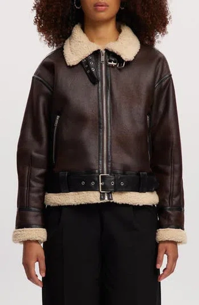 Noize Faux Shearling Trim Faux Leather Jacket In Brown