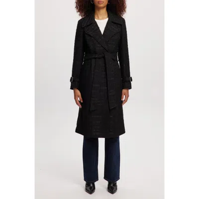 Noize Faux Wool Belted Long Coat In Black
