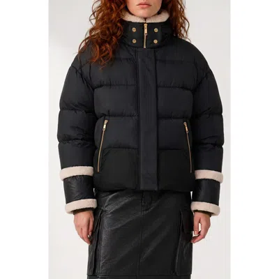 Noize Karly Faux Shearling Trim Puffer Jacket In Black